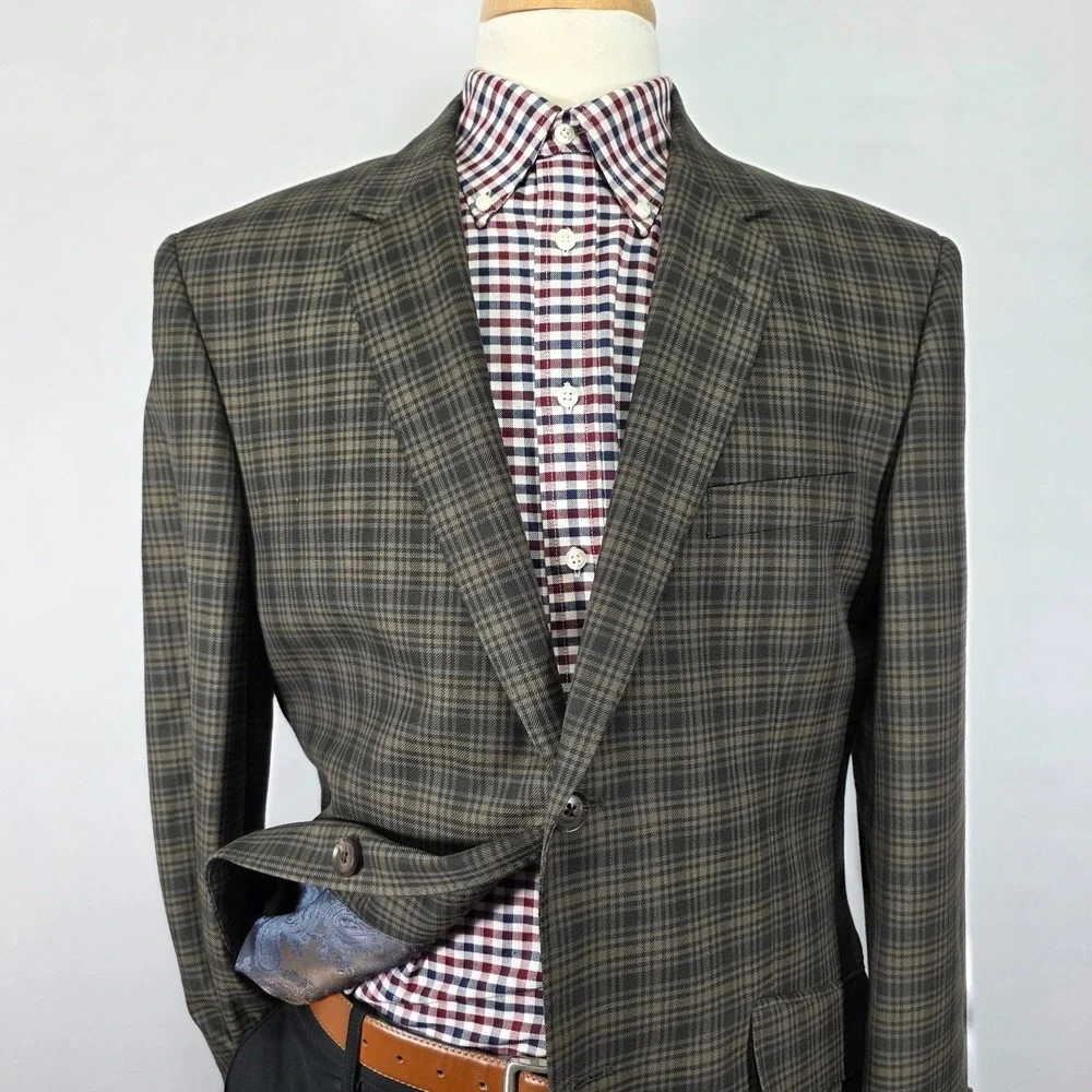 Haggar Men's Sport Coat Blazer Two Button Brown Checked‎ polyester LARGE